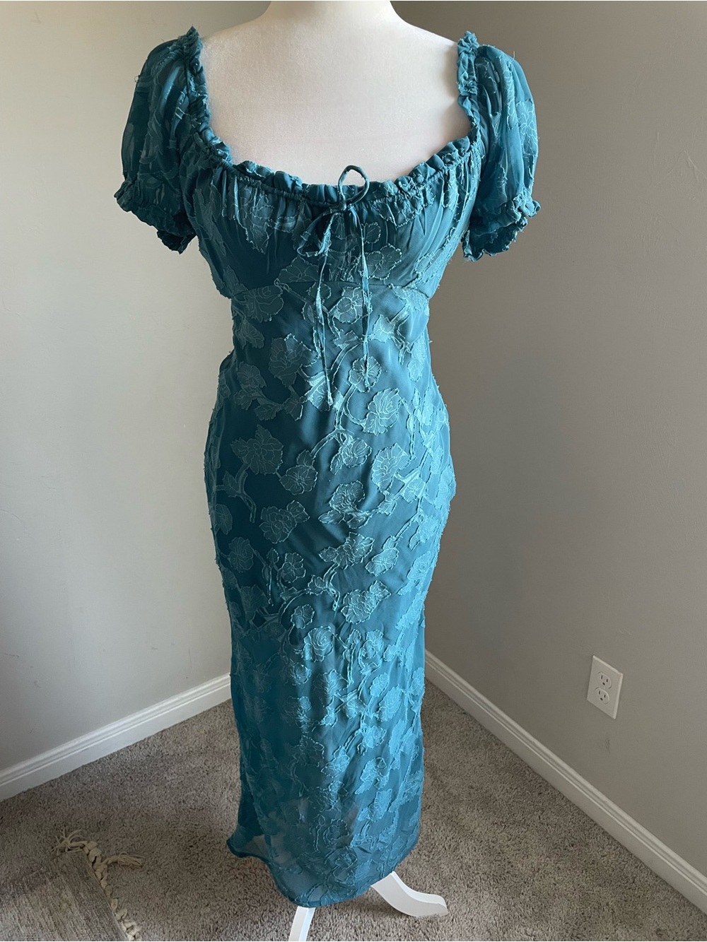 Urban Outfitters Teal BeccaFloral Romantic Puff-Sleeves Dress